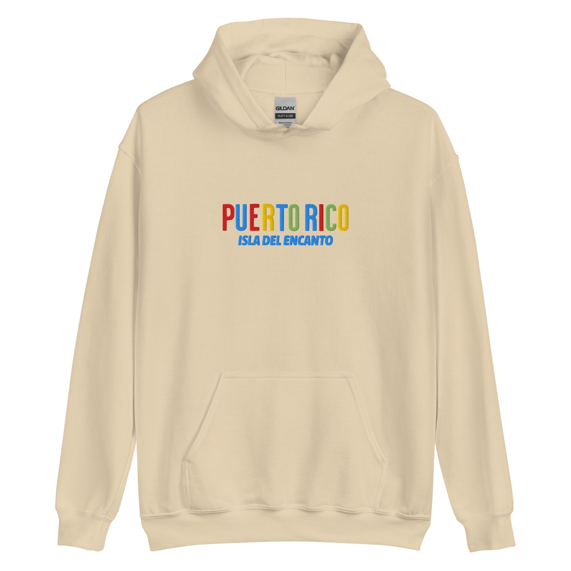 Hoodie bordado con la frase “Isla del Encanto”, inspiración cultural de Puerto Rico.